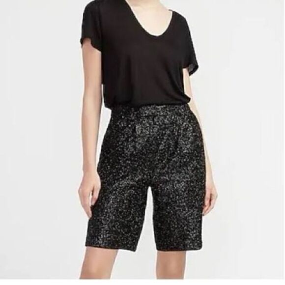 NEW Express Black Sequin High Rise Bermuda Dressy Shorts - Picture 2 of 8